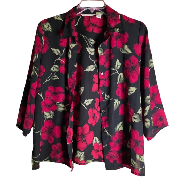 French Laundry Red Floral Button Front Blouse Black Size L Lightweight - Picture 3 of 5